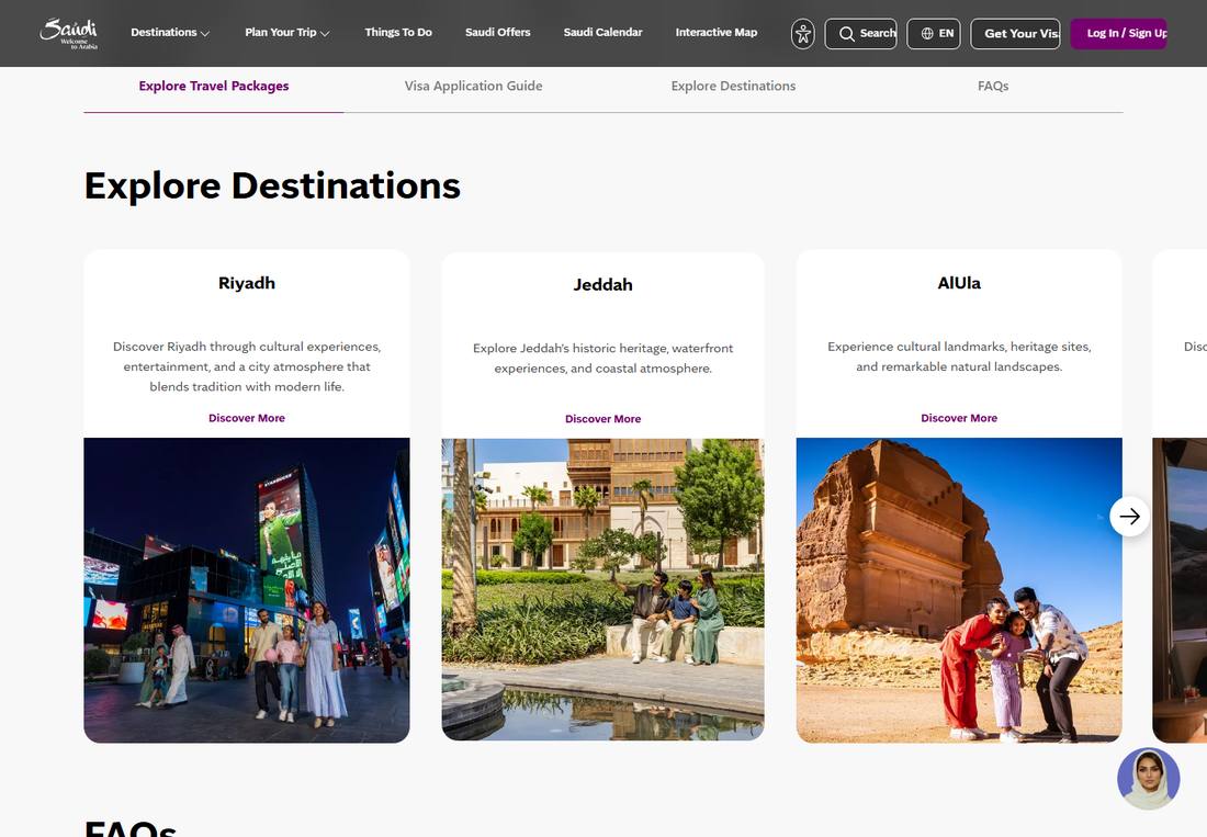 The five destination cards